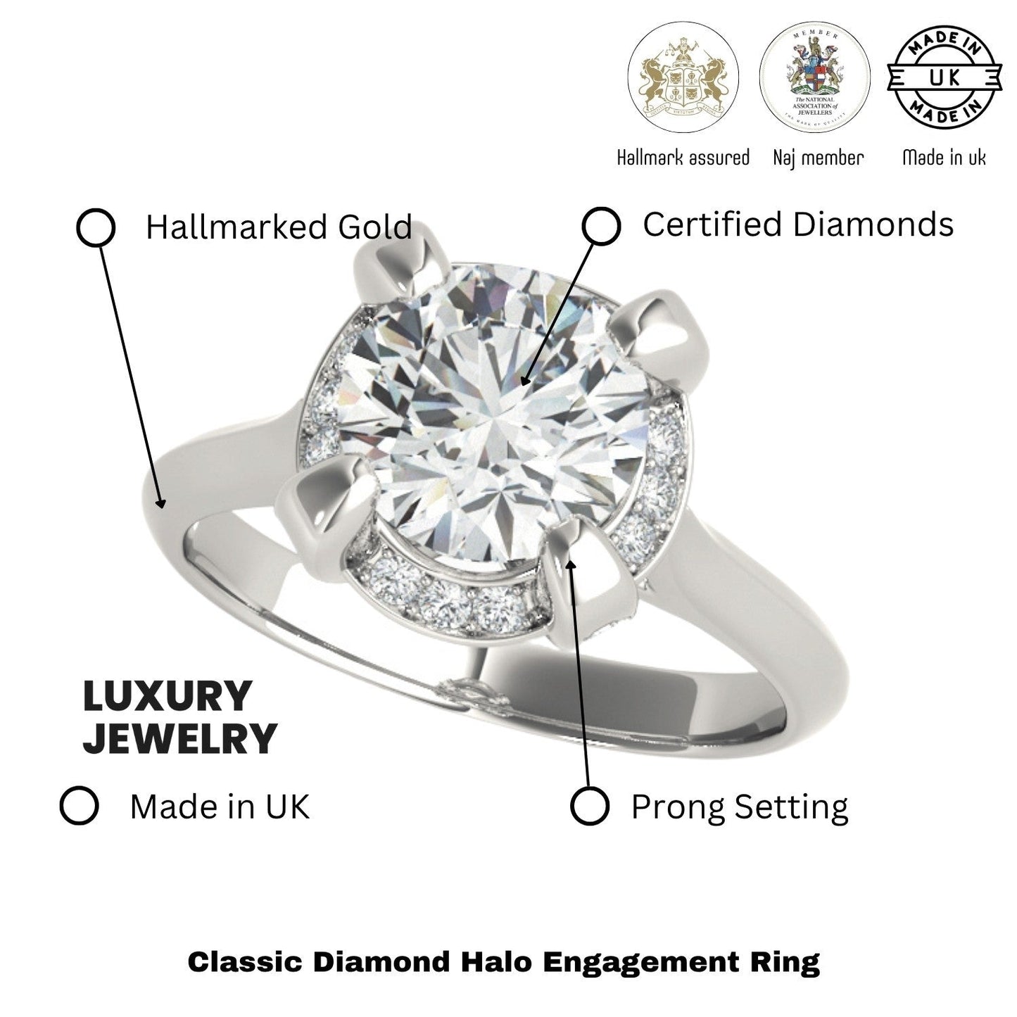 Lab-Grown Diamond Halo Engagement Ring in 18K White Gold Ð UK Made