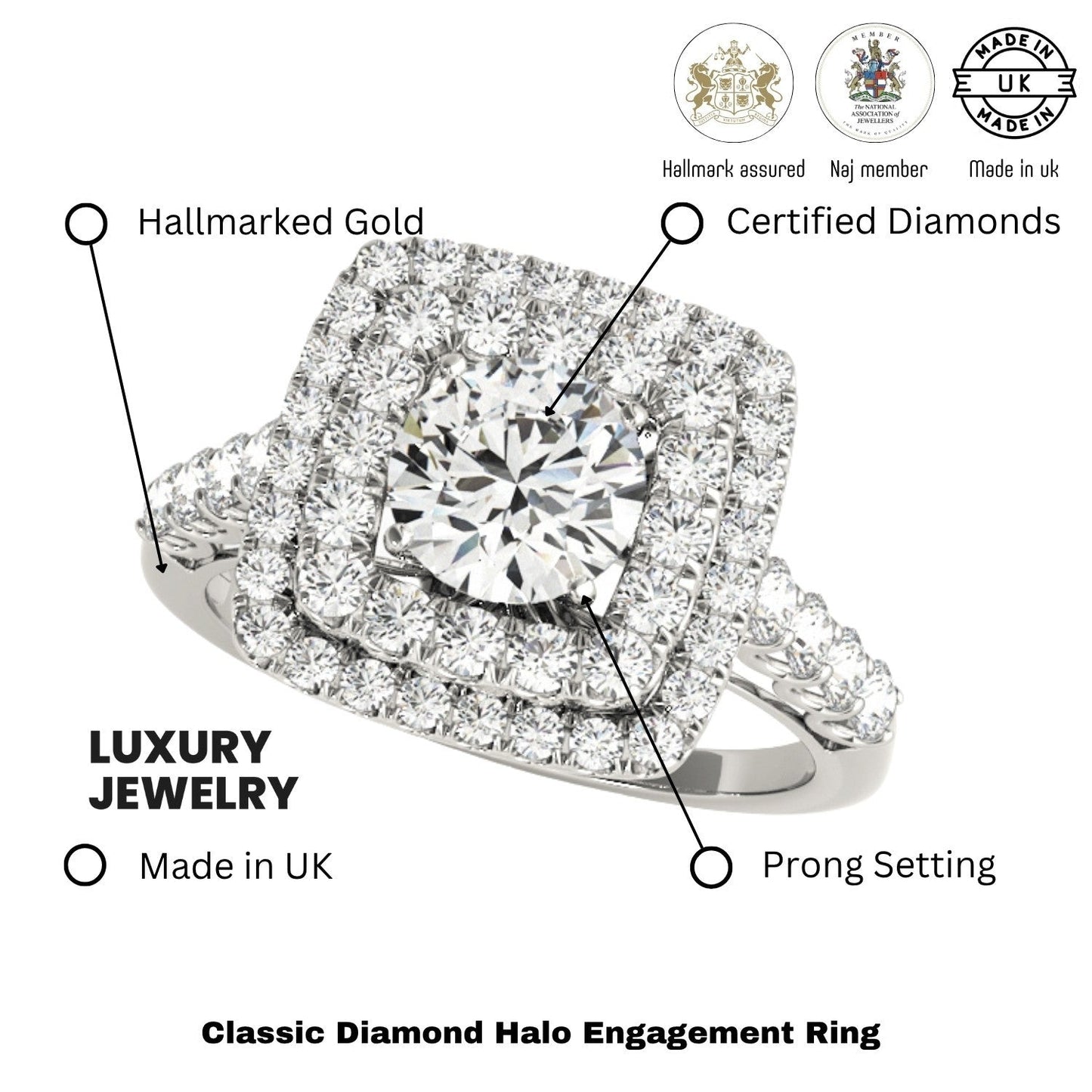 3.00 Carat DE/VS Lab Grown Round Cut Diamond Halo Engagement Ring 18K White Gold