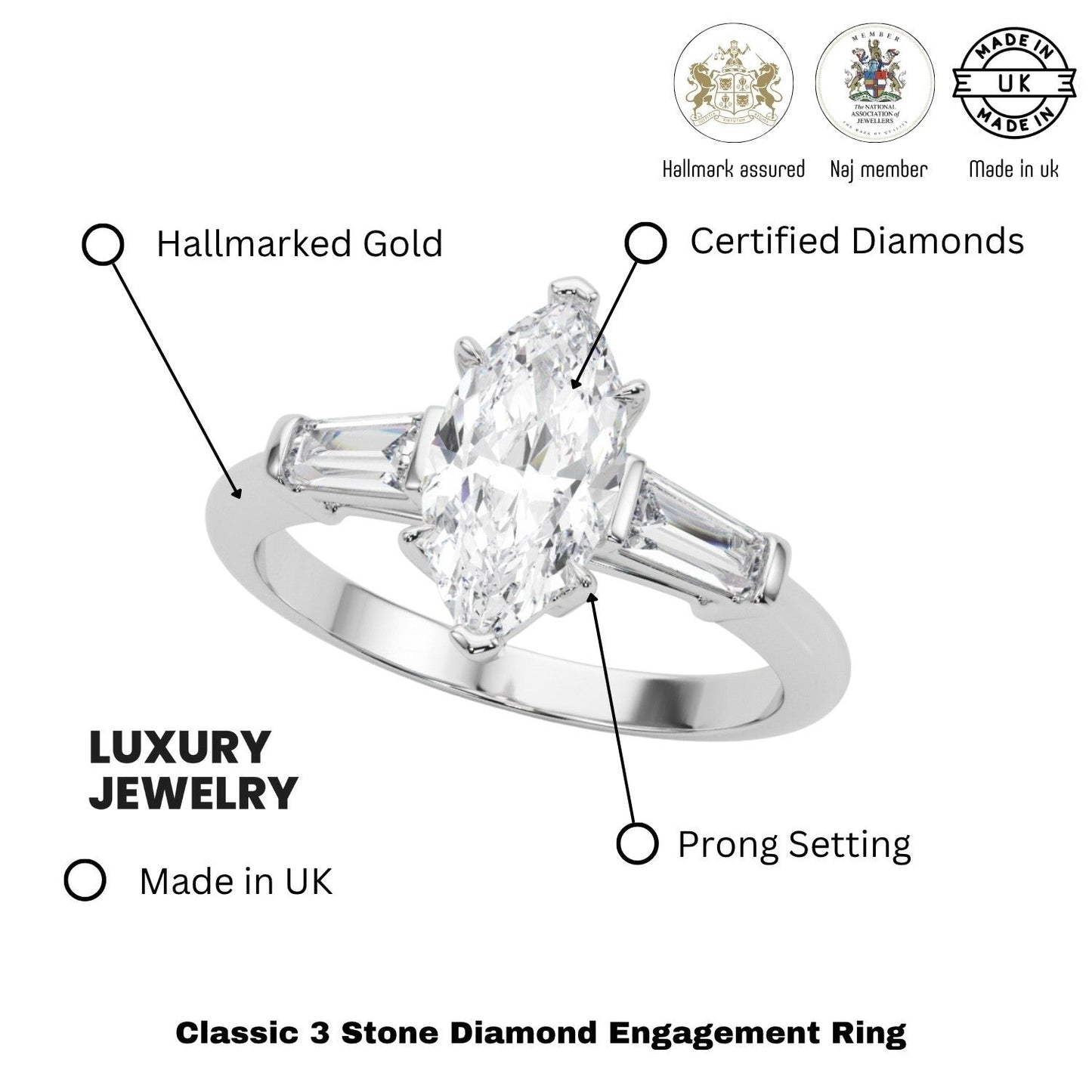 Lab-Grown Marquise Cut Diamond 3 Stone Engagement Ring In Platinum