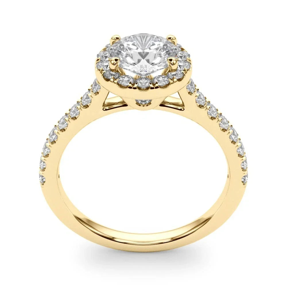 Lab Grown Round Cut  Diamond Halo Engagement Ring In Yellow Gold.