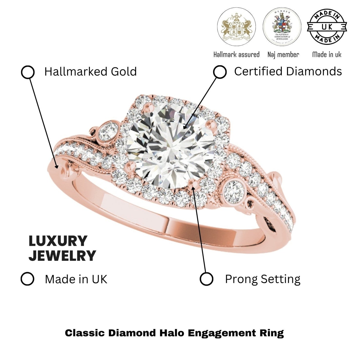 Lab Grown Round Diamond Halo Engagement Ring in 18K Rose Gold
