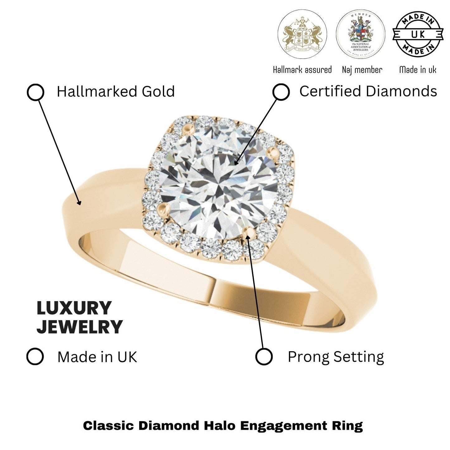 2.00 Ct DE/VS Lab-Grown Diamond Halo Engagement Ring in 18K Yellow Gold