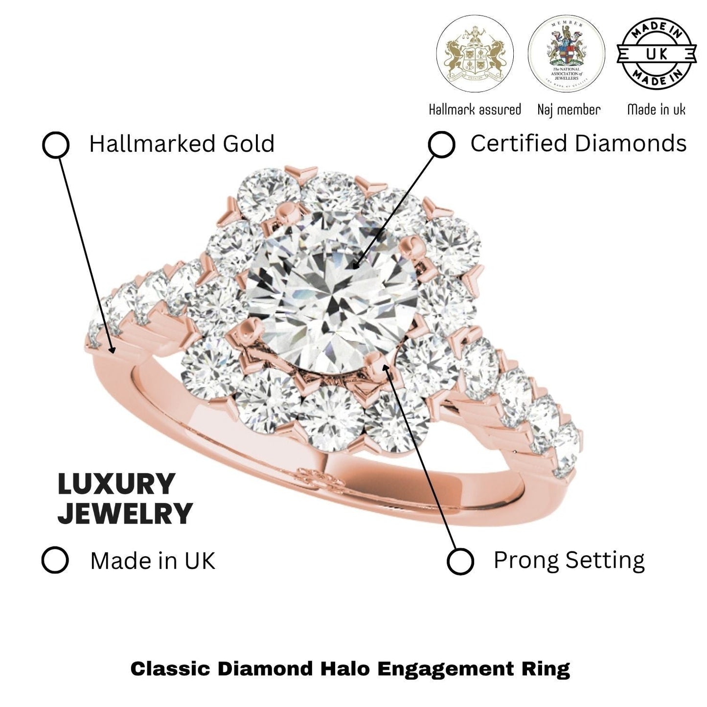 Lab Grown Round Diamond Halo Engagement Ring 18K Rose Gold