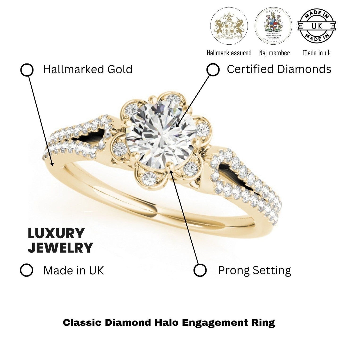 2.00 Ct DE/VS Lab Grown Round Diamond Halo Engagement Ring 18K Yellow Gold