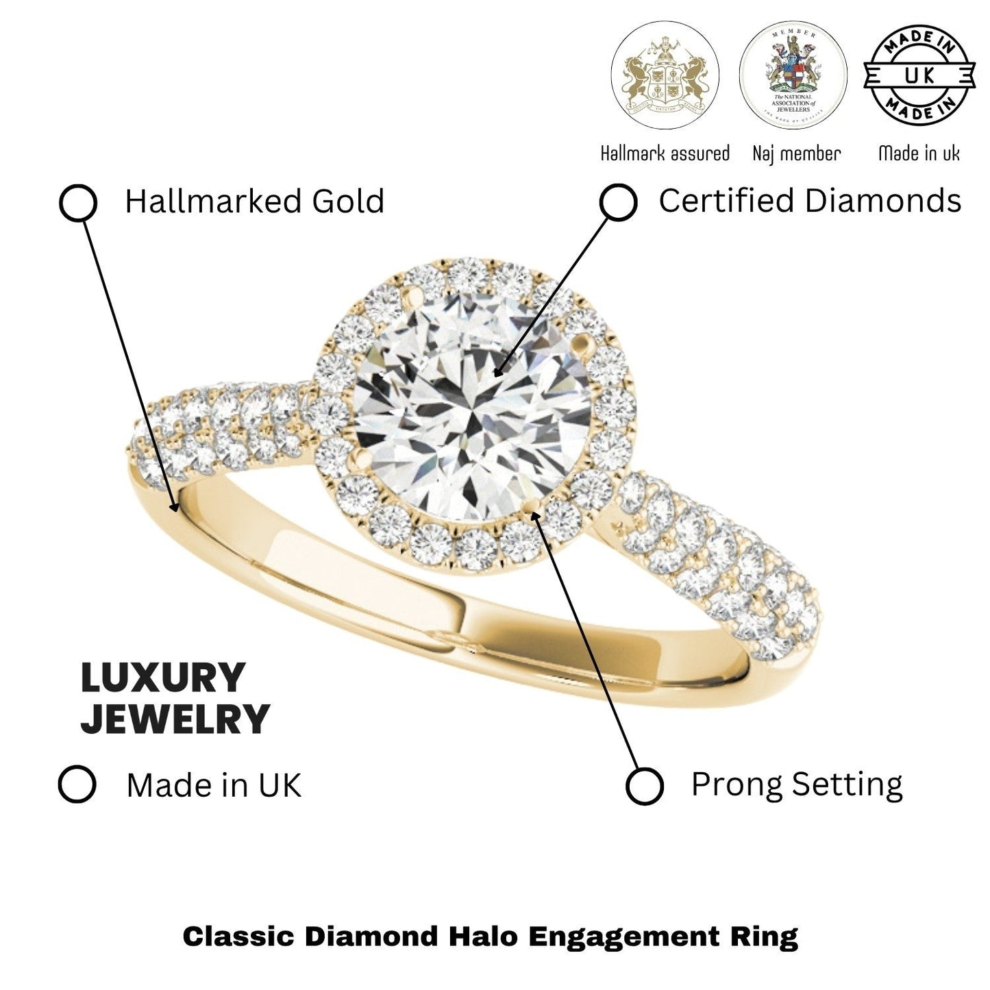 2.00Ct Lab Grown Round Diamond Halo Engagement Ring 18K Yellow Gold