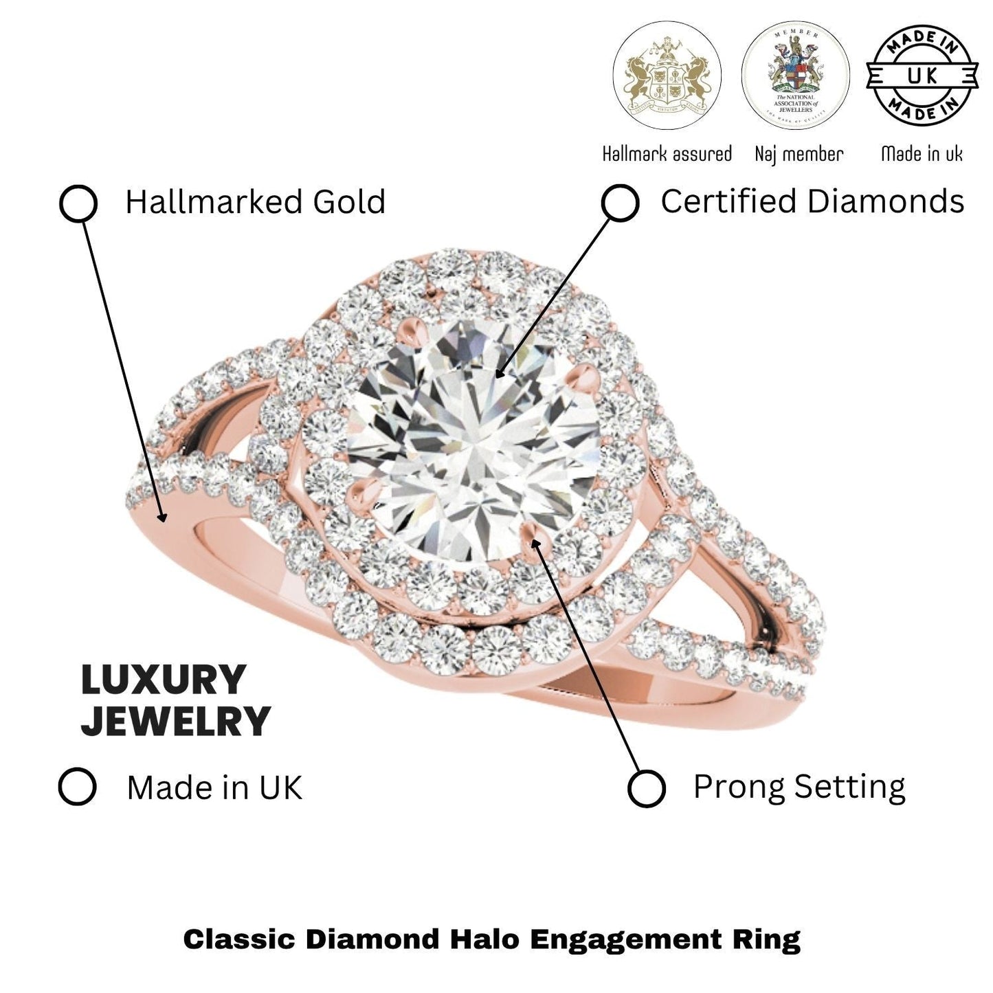 2.00Ct Lab Grown Round Diamond Halo Engagement Ring 18K Rose Gold