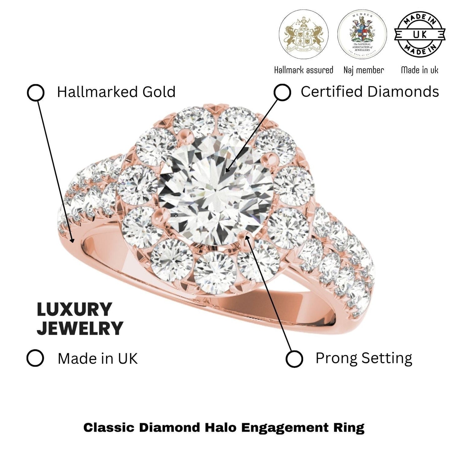 3.00 Ct DE/VS Lab Grown Round Diamond Halo Engagement Ring 18K Rose Gold