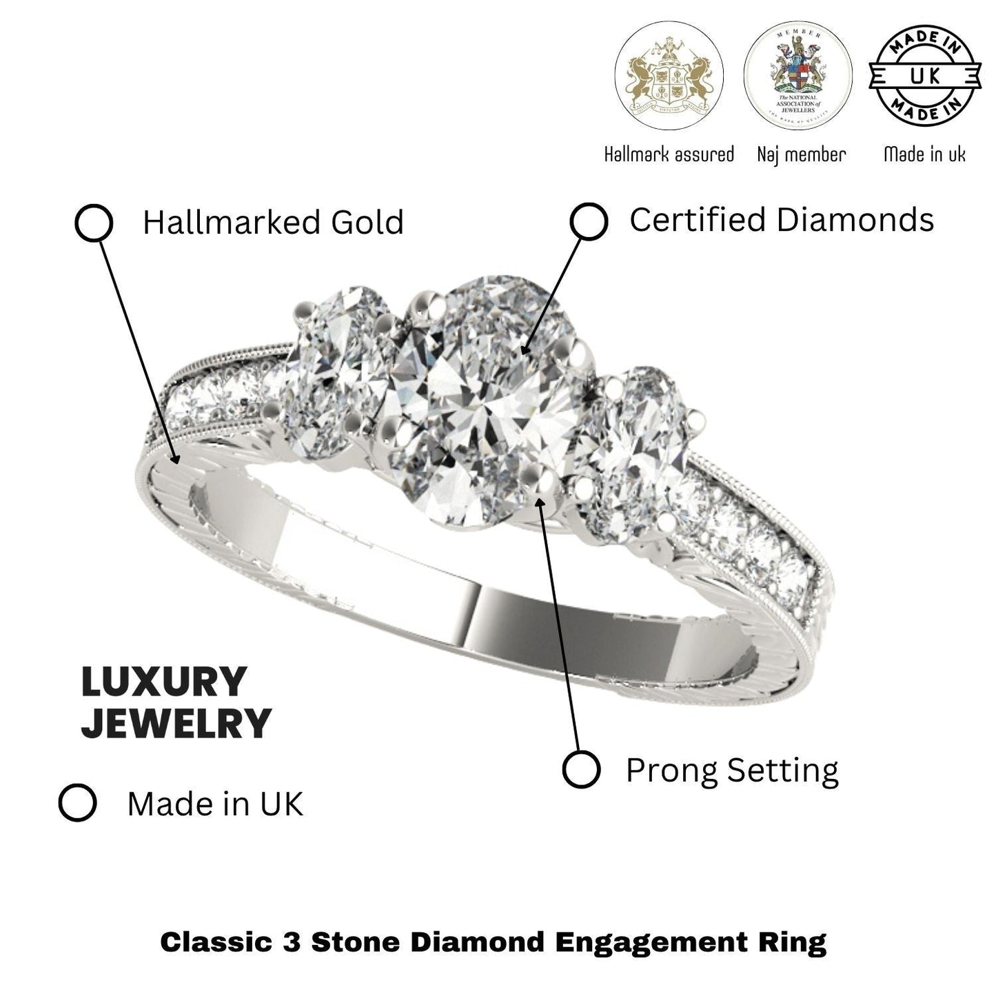 Lab Grown Oval Cut Diamond Trilogy Engagement Ring Platinum In 2.00ct DE/VS