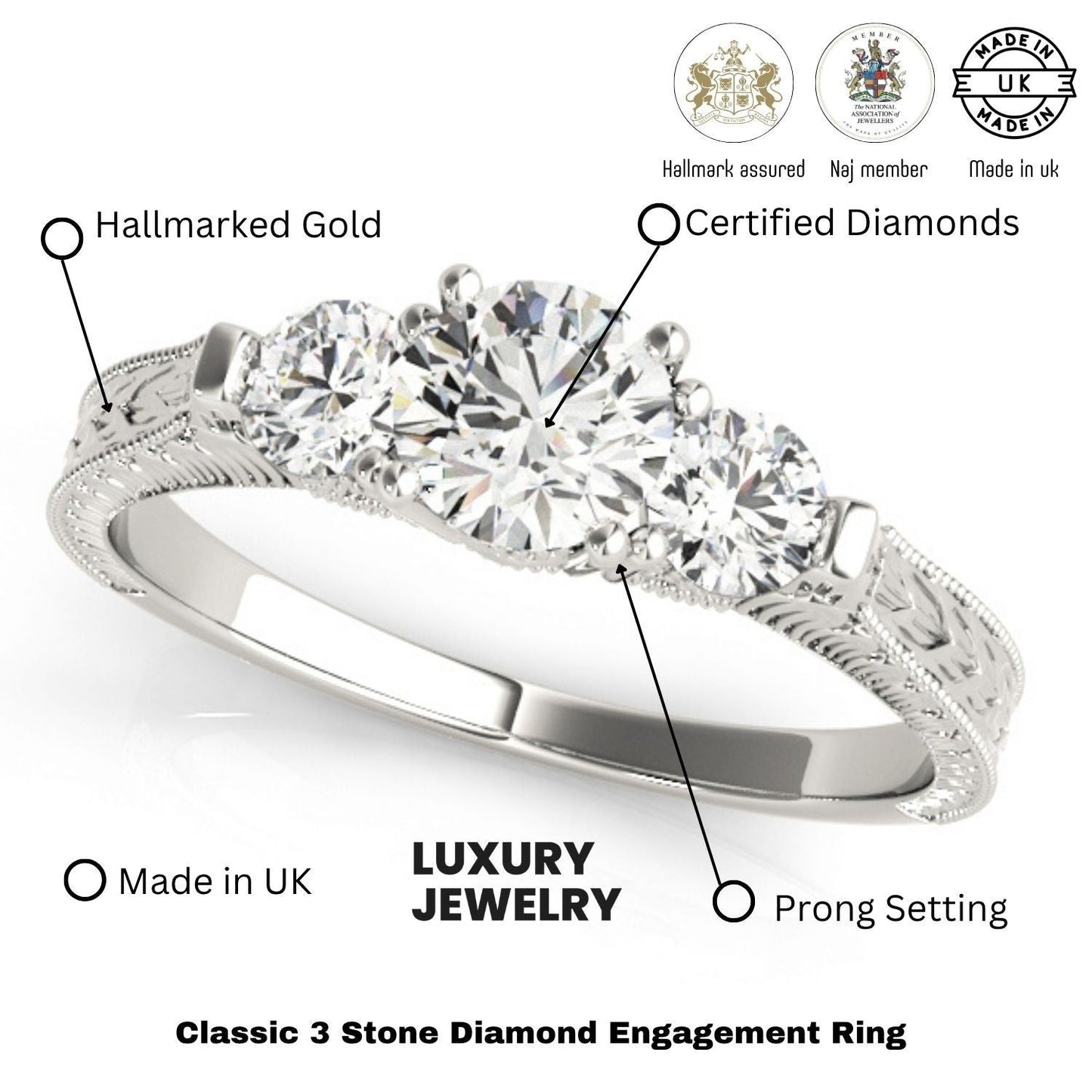 2.00Ct Lab Grown Round Diamond Milgrain 3 Stone Engagement Ring Platinum