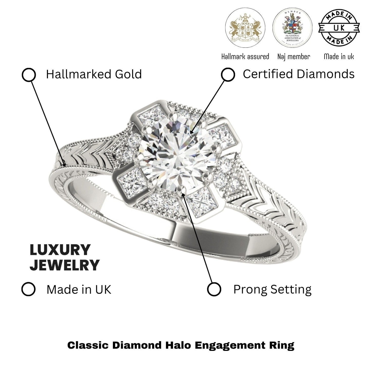 Lab Grown Round Diamond Halo Engagement Ring 18K White Gold