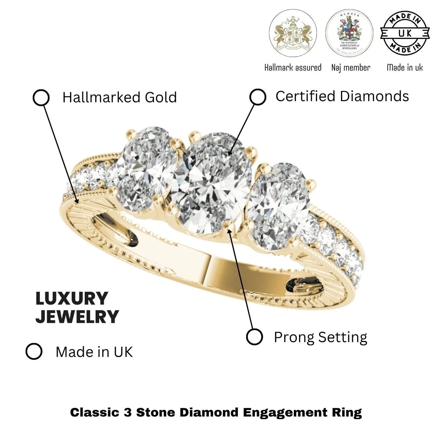 18K Gold Oval Cut Trilogy Engagement Ring Ð 2Ct DE/VS Lab Grown Diamond