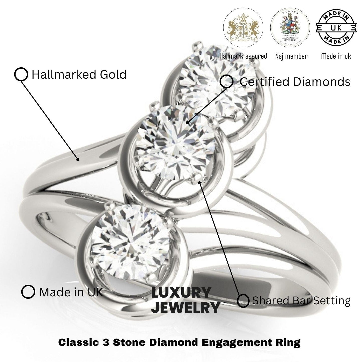 0.50Ct - 2.00Ct DE/VS Lab Grown Round Diamond Trilogy Engagement Ring Platinum