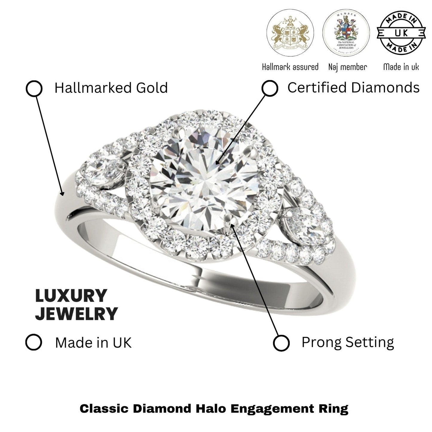 2.00 Carat DE/VS Lab Grown Round Cut Diamond Halo Engagement Ring 18K White Gold