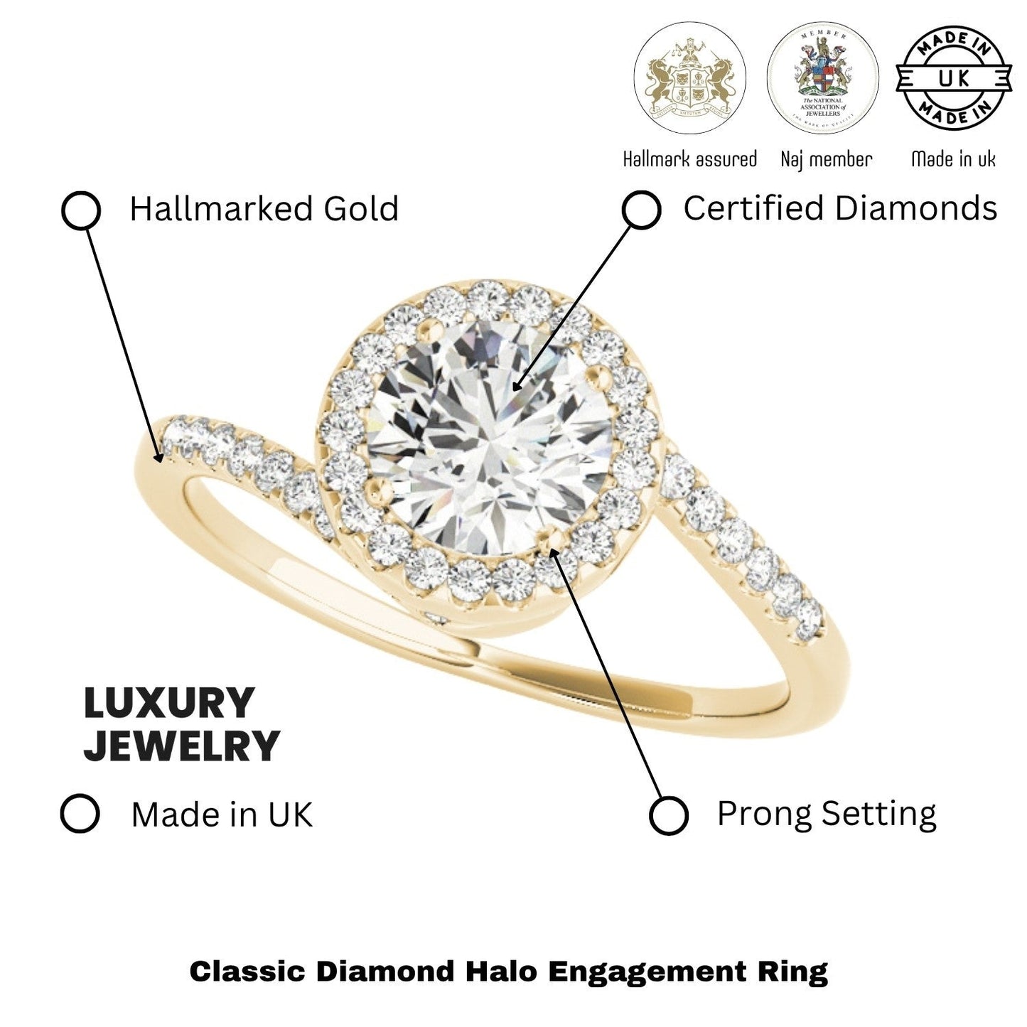 Lab Grown Round Diamond Halo Engagement Ring 18K Yellow Gold