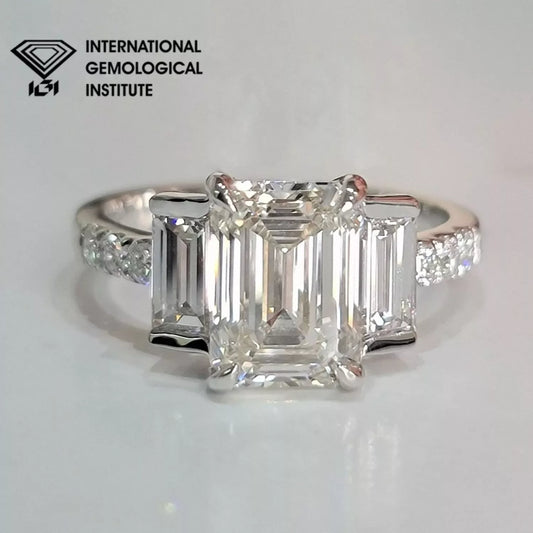 950 Platinum Lab Grown 7.50 CT F/VS IGI Emerald Diamond Trilogy Engagement Ring