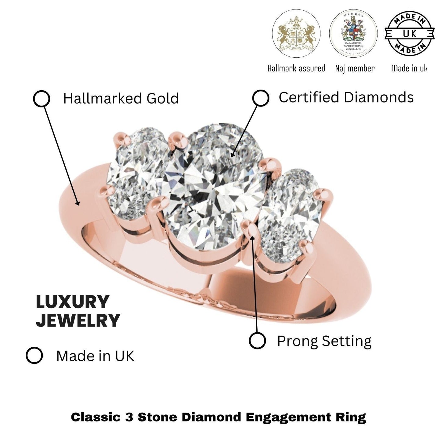 Lab-Grown Oval Diamond 3 Stone Engagement Ring Ð 18K Rose Gold