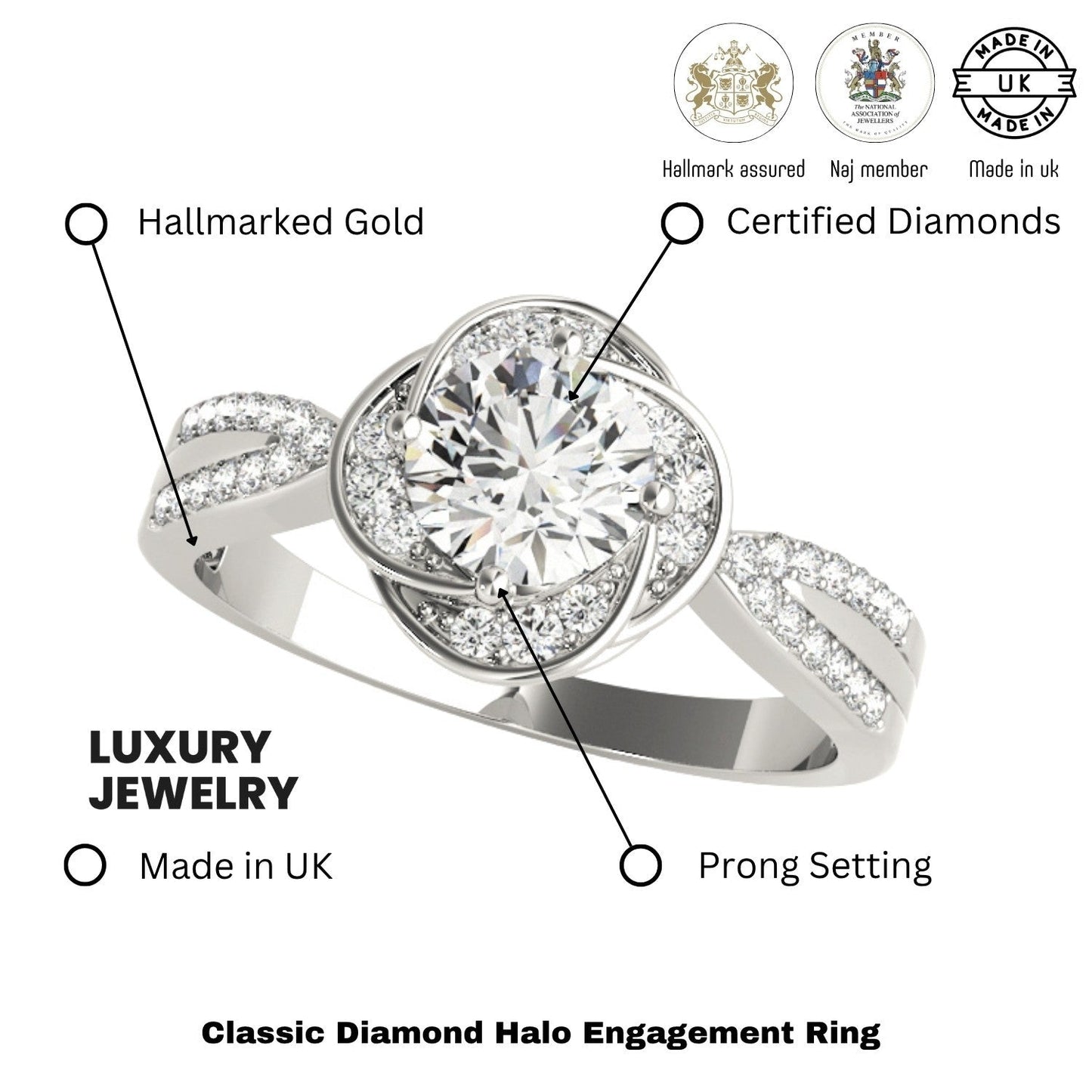 Lab Grown Round Diamond Halo Engagement Ring 18K White Gold