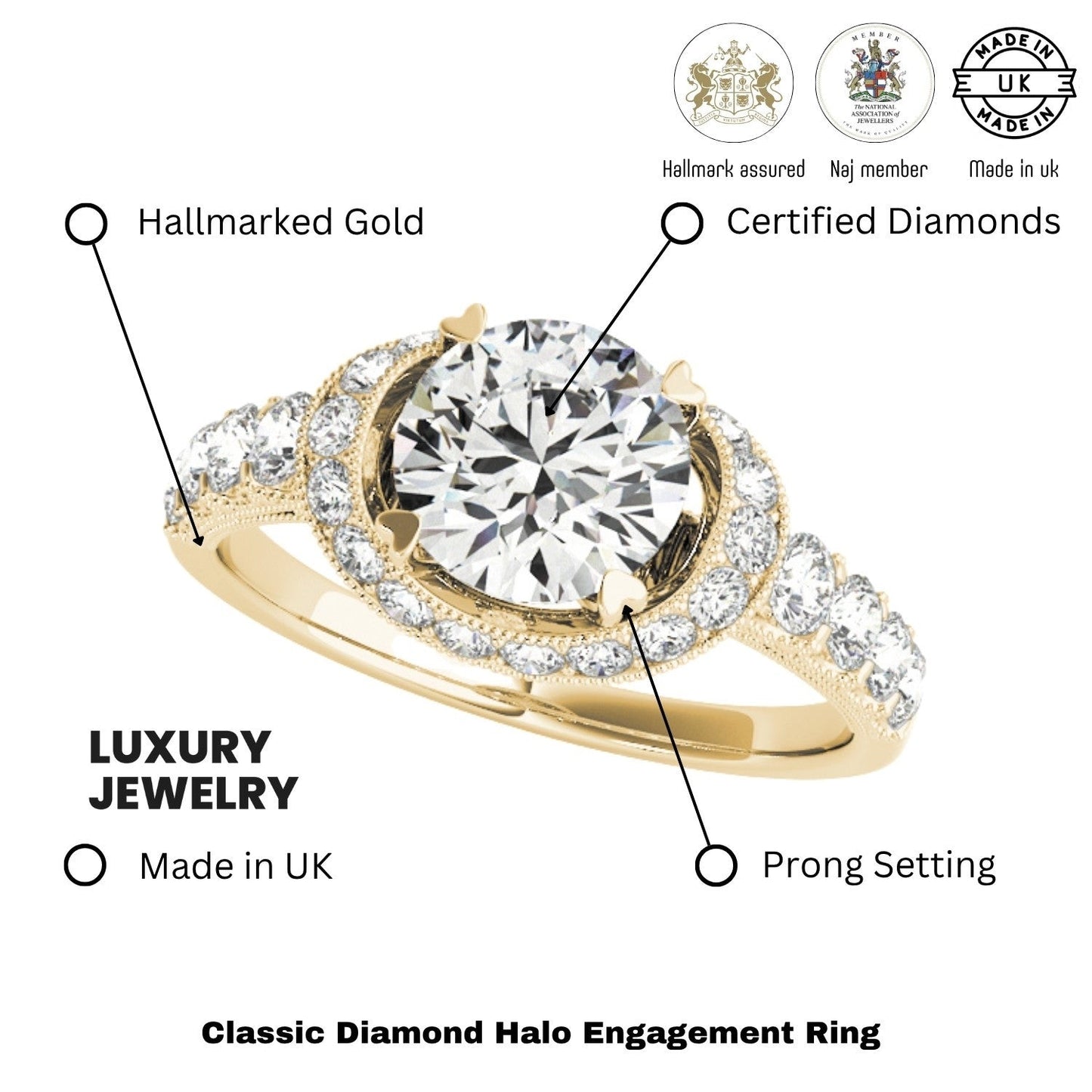 2.00 Ct DE/VS Lab Grown Round Diamond Halo Engagement Ring 18K Yellow Gold