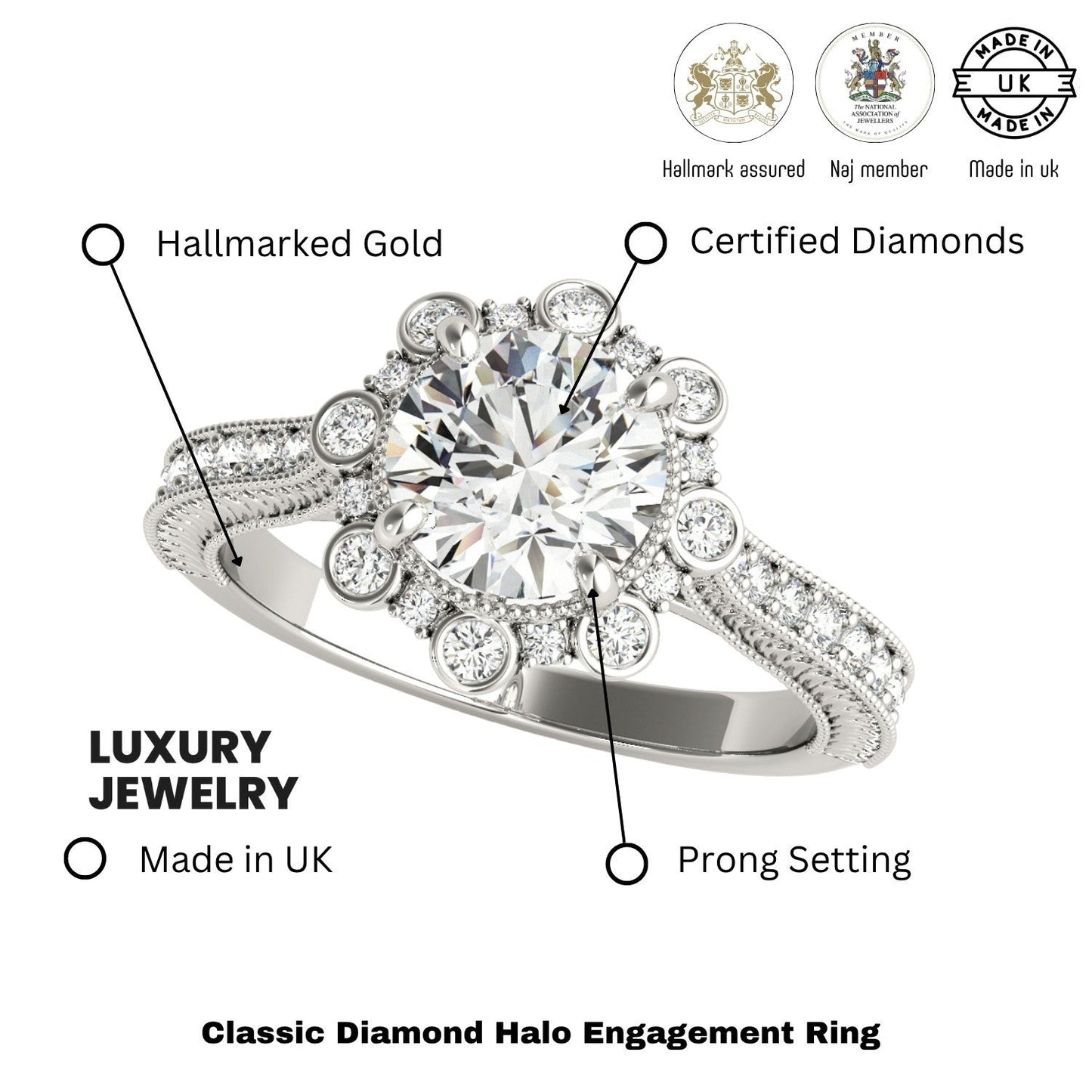 Lab-Grown Diamond Halo Engagement Ring in Platinum UK Hallmarked