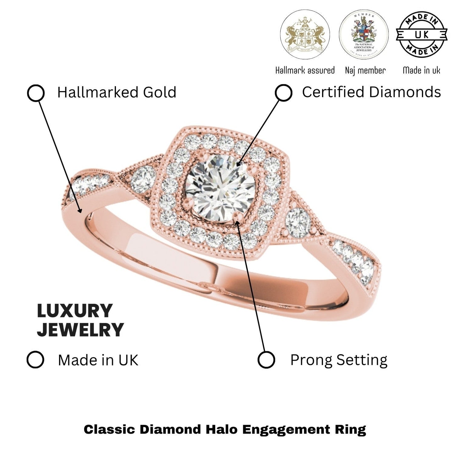 Lab Grown Round Diamond Halo Engagement Ring in 18K Rose Gold