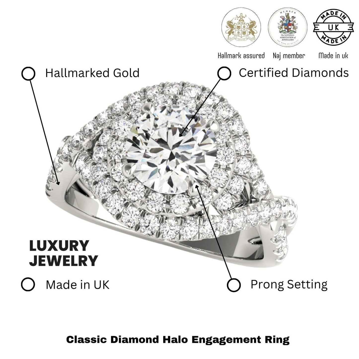 3.00 Carat DE/VS Lab Grown Round Cut Diamond Halo Engagement Ring 18K White Gold