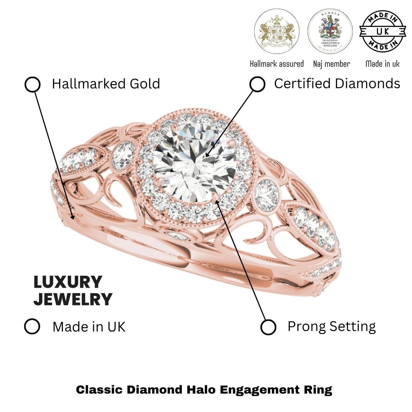 Lab Grown Round Diamond Halo Engagement Ring 18K Rose Gold