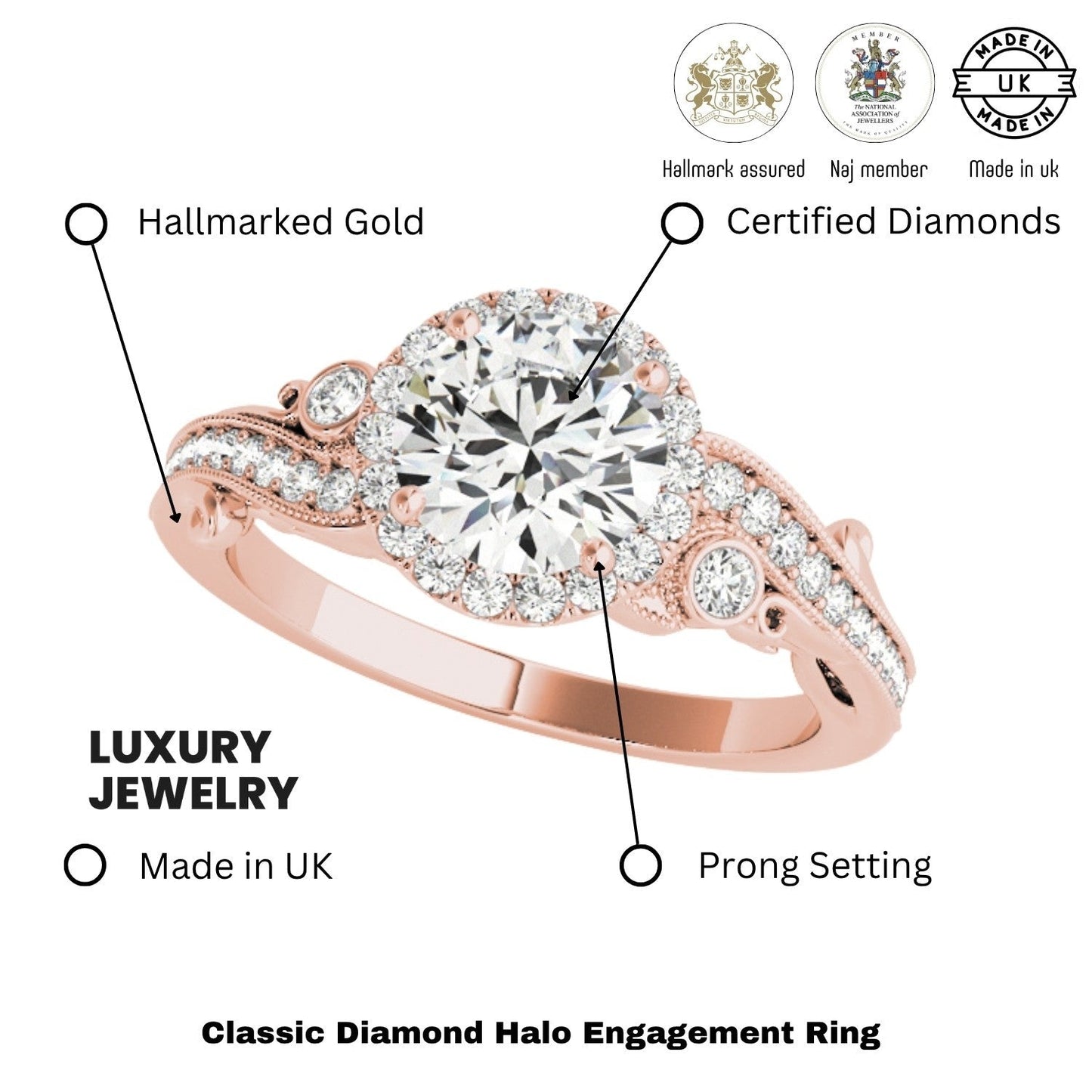 Lab Grown Round Diamond Halo Engagement Ring in 18K Rose Gold
