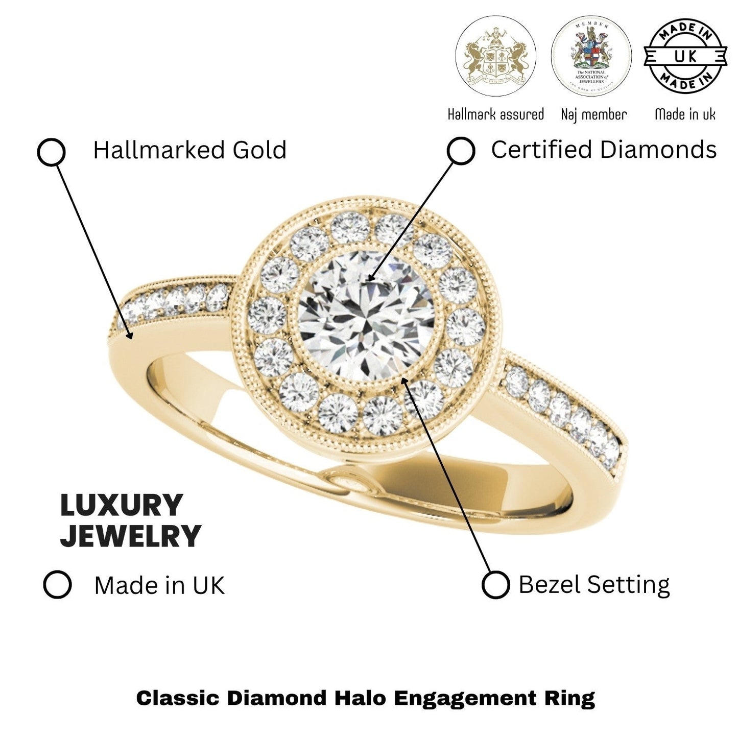 Lab Grown Round Diamond Halo Engagement Ring 18K Yellow Gold