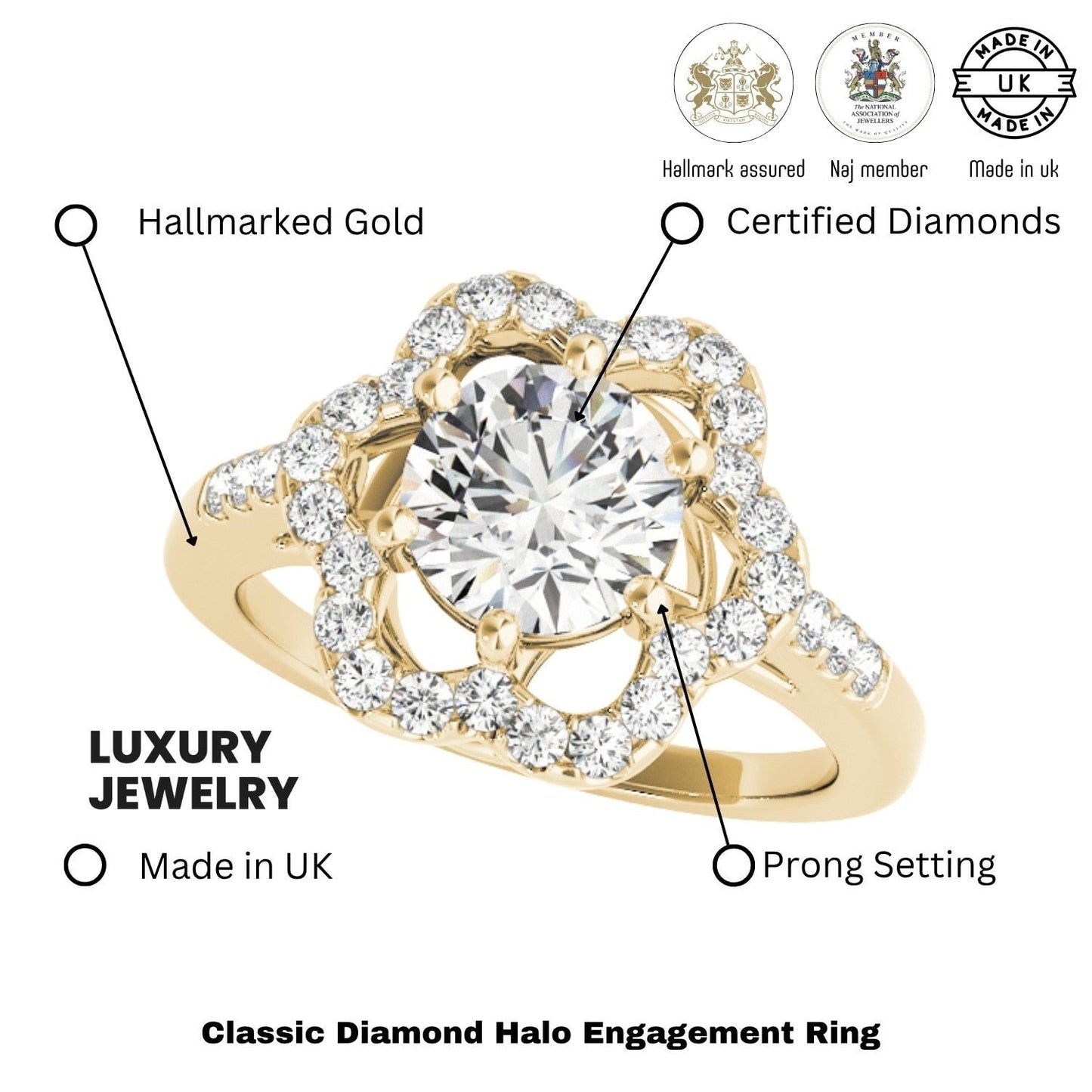 2.00Ct Lab Grown Round Diamond Halo Engagement Ring 18K Yellow Gold