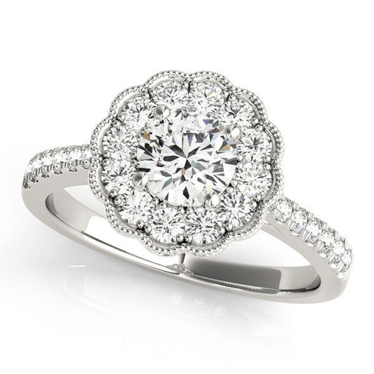 Lab Grown Round Diamond Halo Engagement Ring 18K White Gold