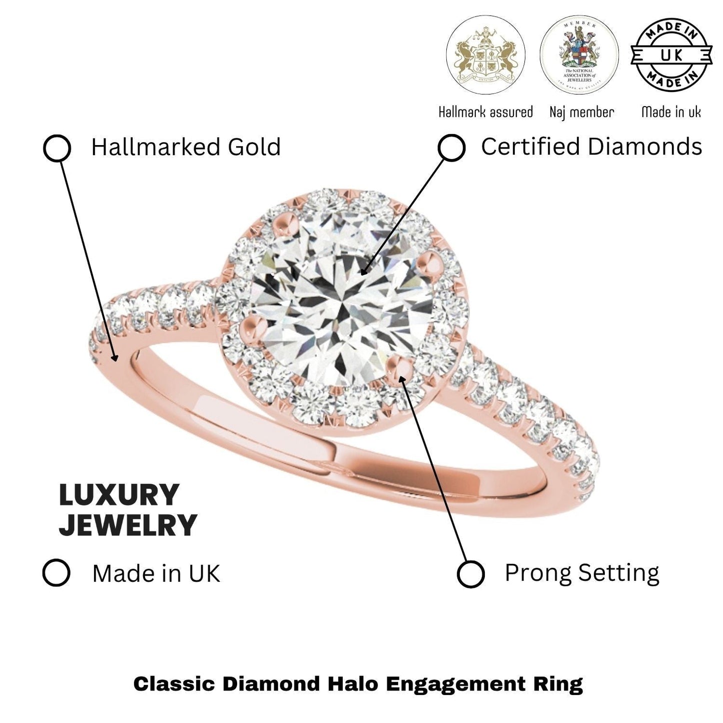 Lab Grown Round Diamond Halo Engagement Ring 18K Rose Gold