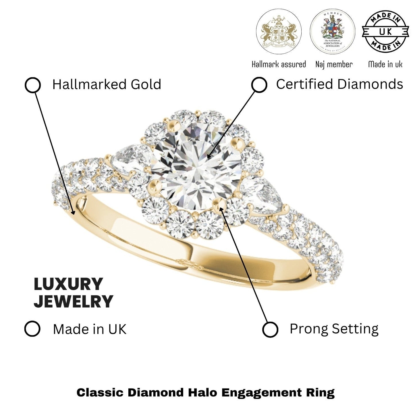 Lab Grown Round Diamond Halo Engagement Ring 18K Yellow Gold