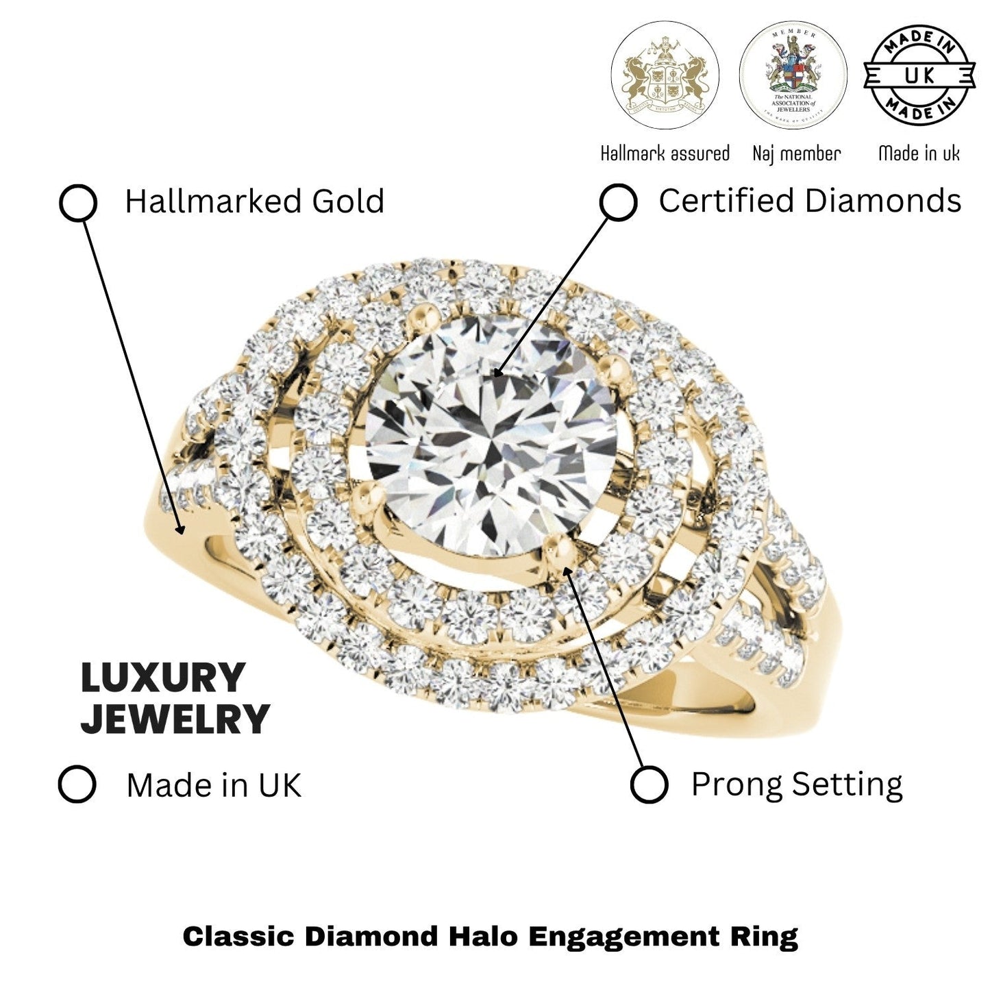 2.00Ct Lab Grown Round Diamond Halo Engagement Ring 18K Yellow Gold