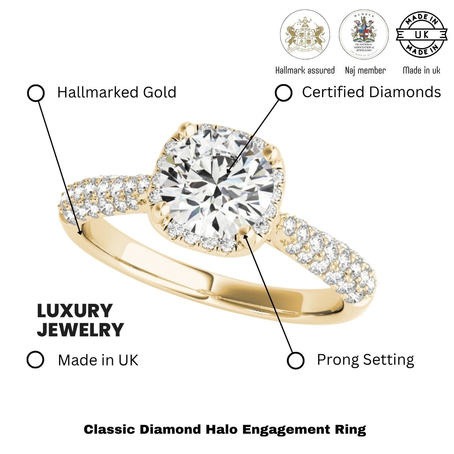 Lab Grown Round Diamond Halo Engagement Ring 18K Yellow Gold