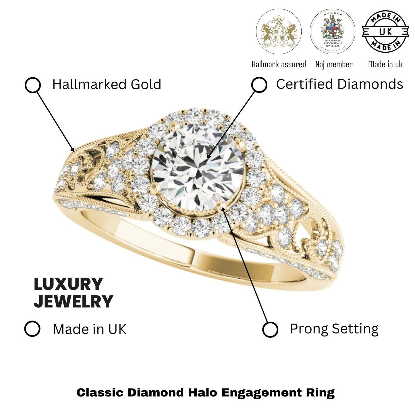 2.00Ct Lab Grown Round Diamond Halo Engagement Ring 18K Yellow Gold
