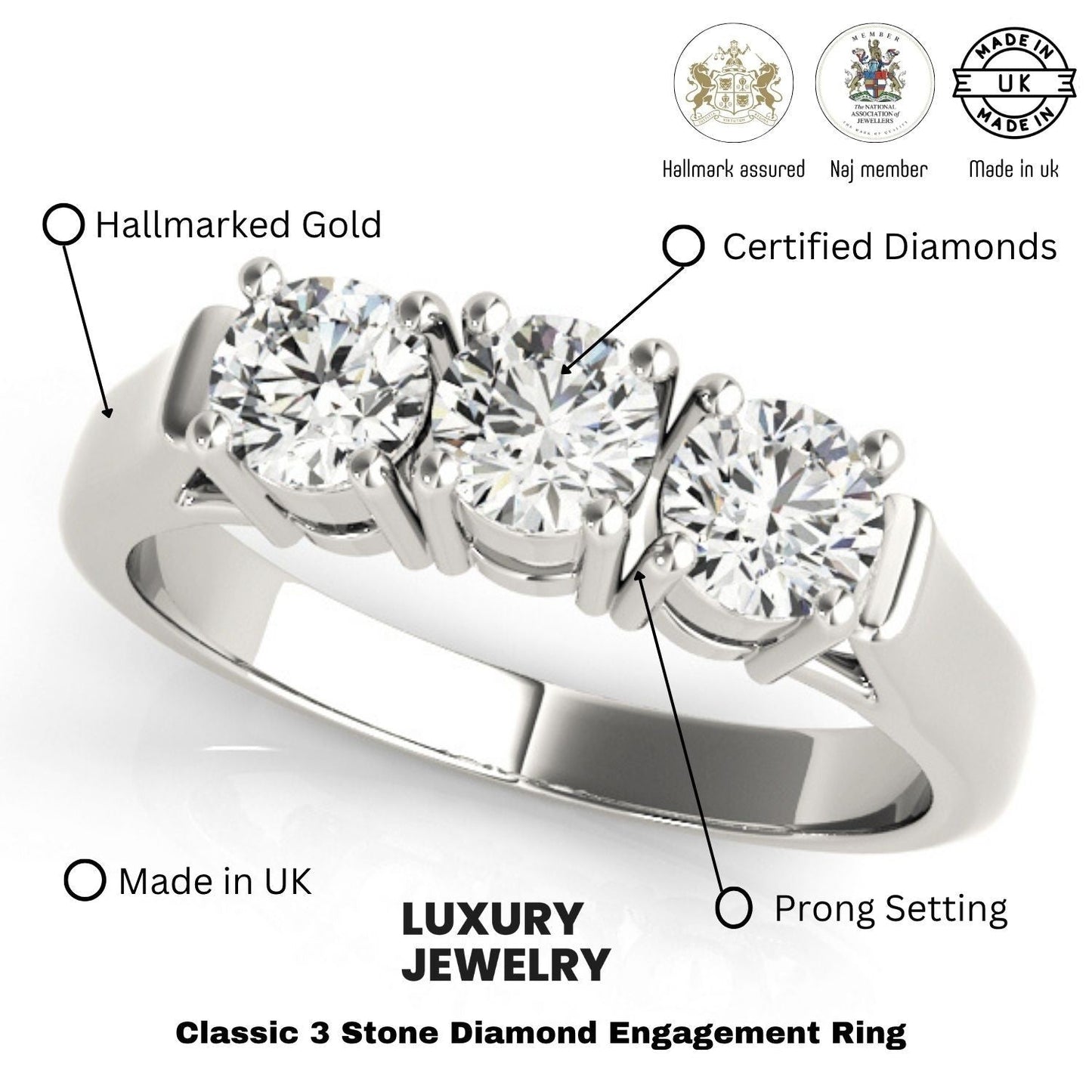 Lab Grown Round Diamond Trilogy Engagement Ring Platinum 0.50Ct - 2.00Ct DE/VS