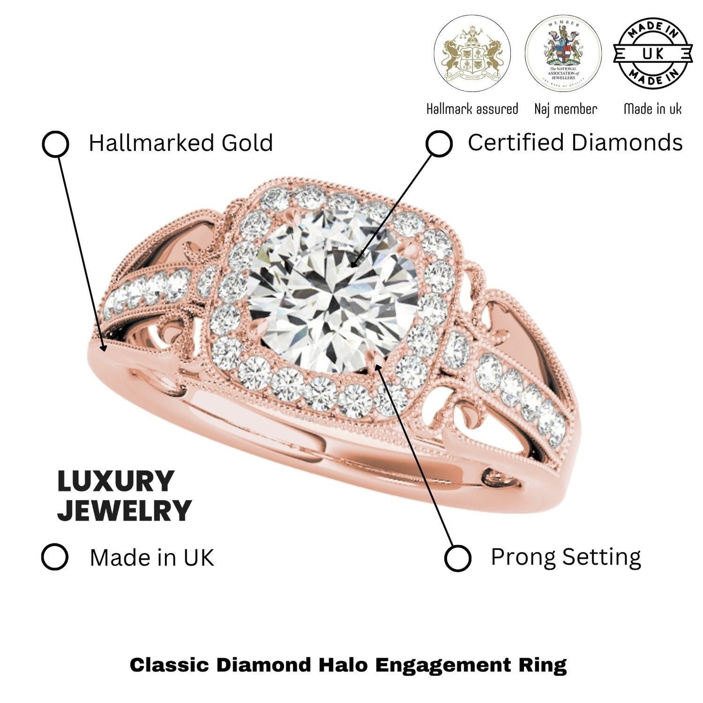 2.00 Ct DE/VS Lab Grown Round Diamond Halo Engagement Ring 18K Rose Gold