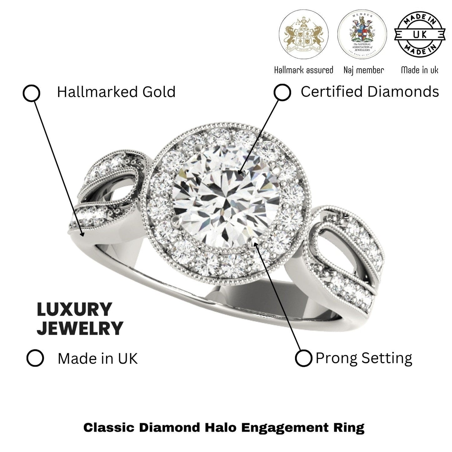 Lab Grown Round Diamond Halo Engagement Ring 18K White Gold