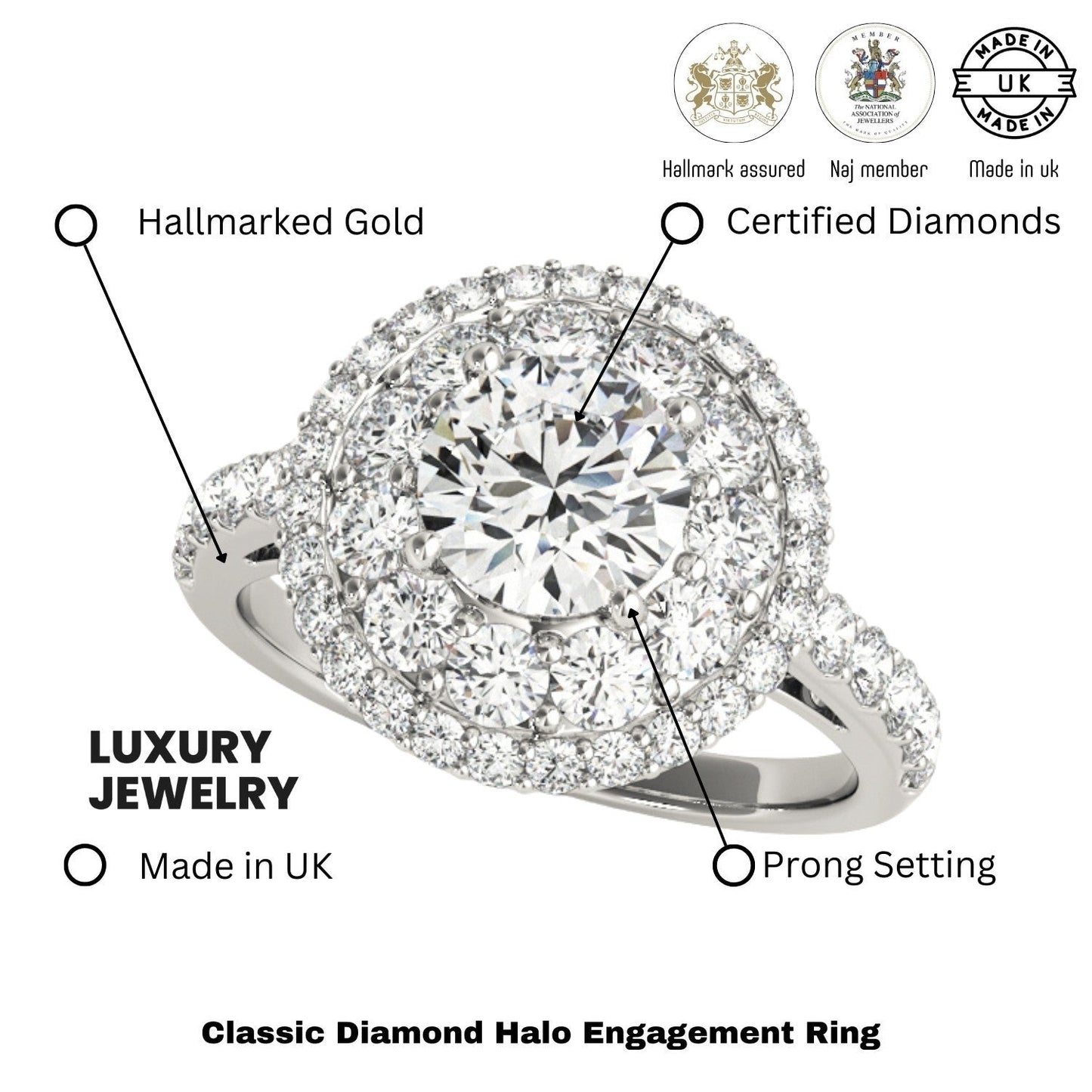 3.00 Carat Lab Grown Round Cut Diamond Halo Engagement Ring 18K White Gold