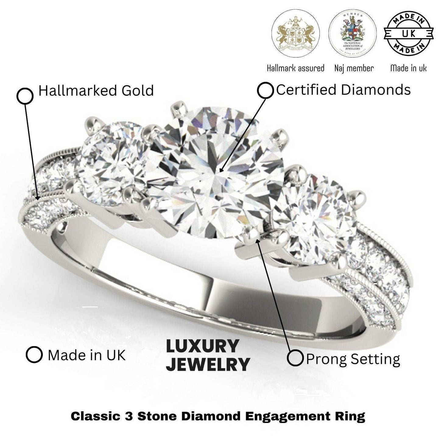 Lab Grown Round Diamond Trilogy Engagement Ring Platinum 2CT DE/VS