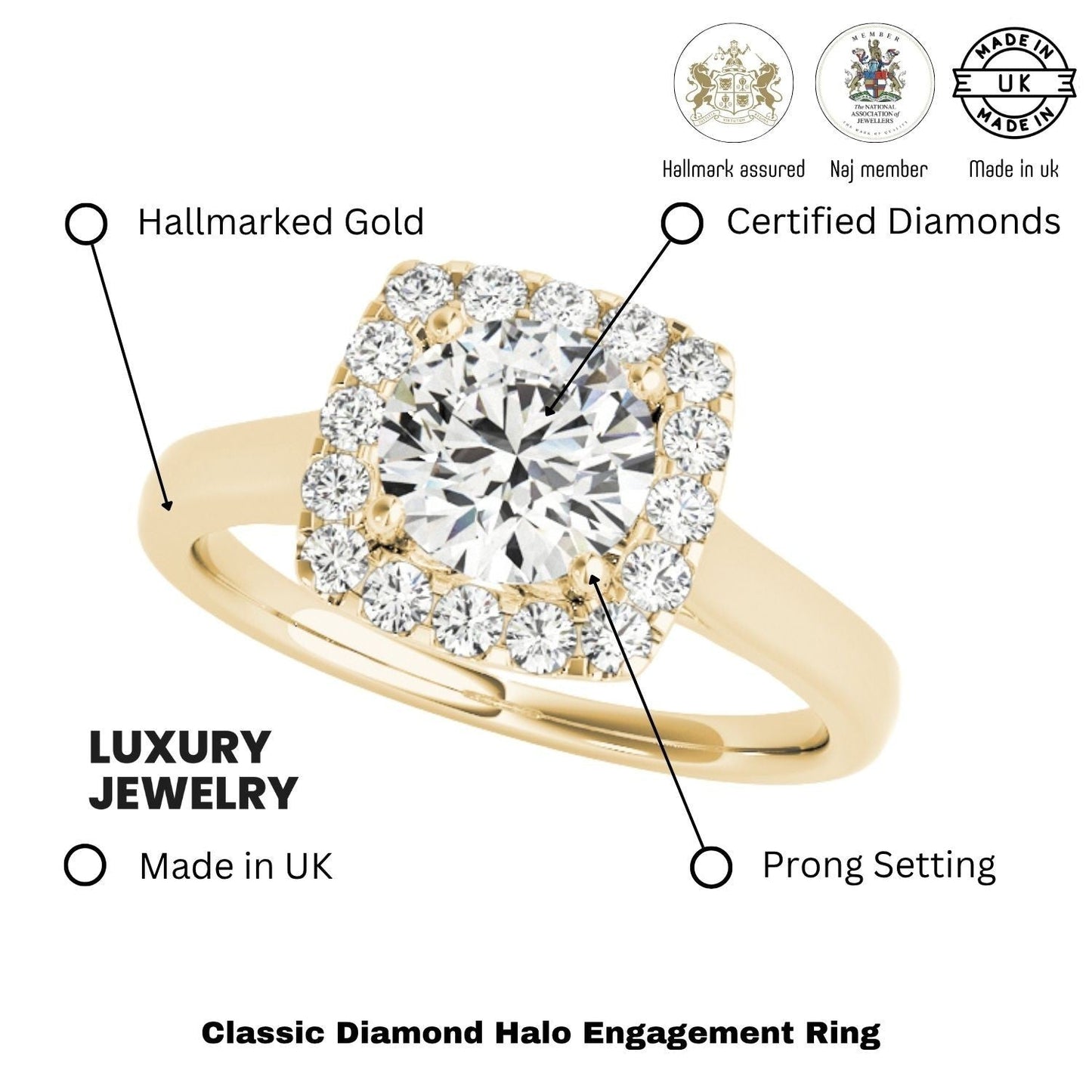 2.00Ct Lab Grown Round Diamond Halo Engagement Ring 18K Yellow Gold