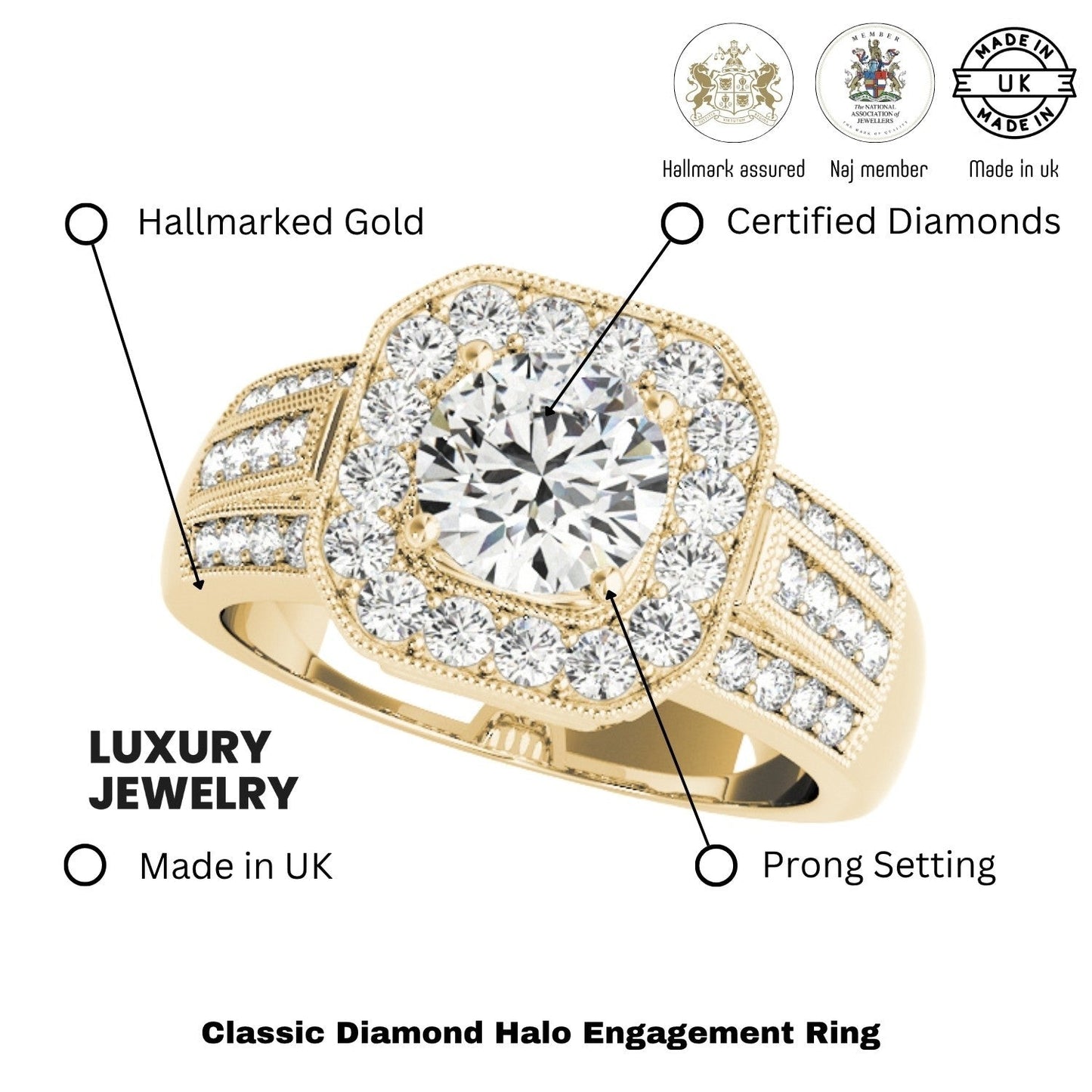3.00Ct DE/VS Lab Grown Round Diamond Halo Engagement Ring 18K Yellow Gold