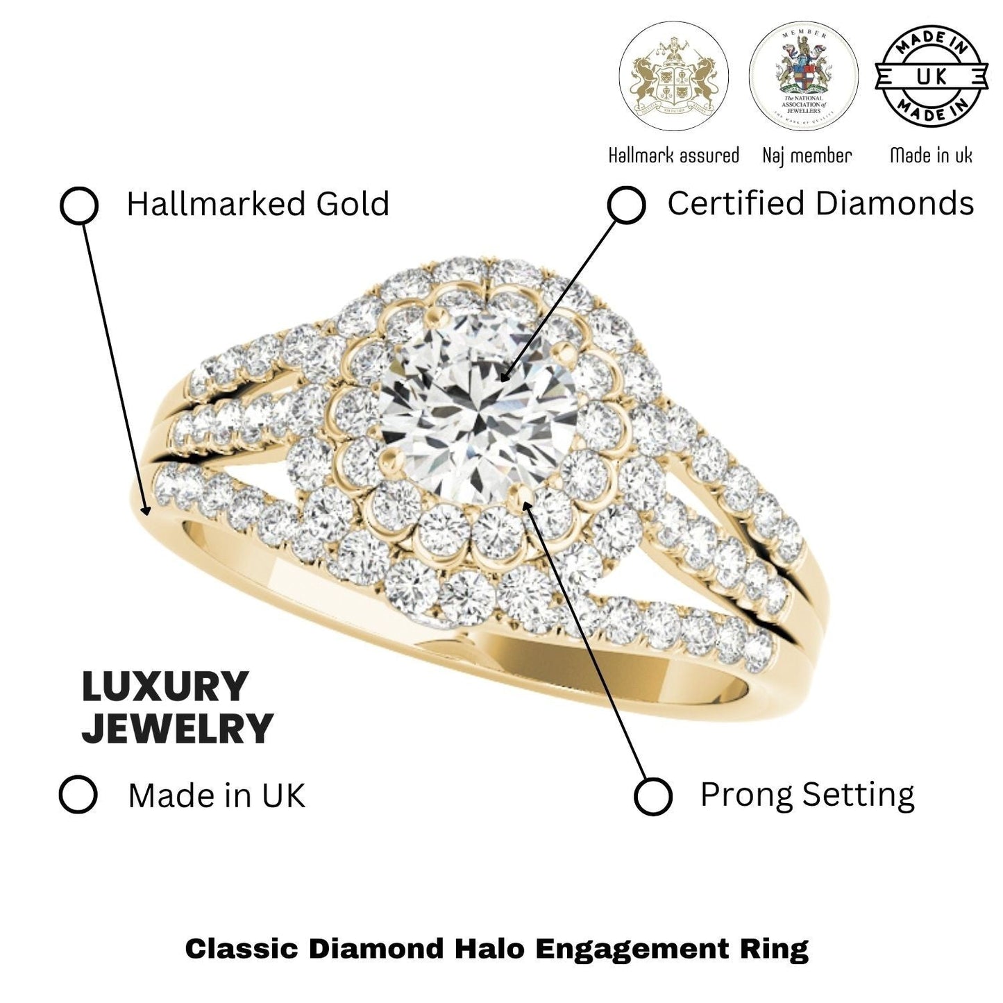 2.00Ct DE/VS Lab Grown Round Diamond Halo Engagement Ring 18K Yellow Gold