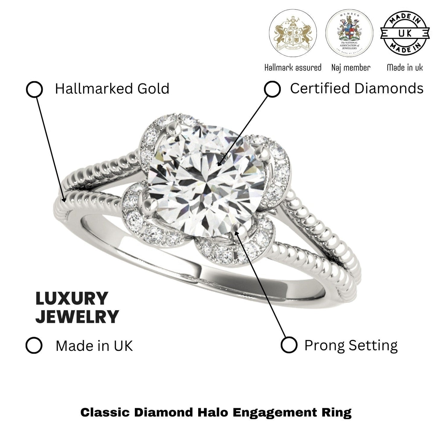 2.00 Ct Round Lab Grown Diamond Halo Engagement Ring In Platinum
