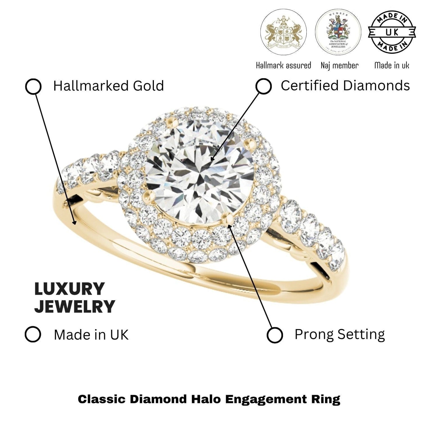 Lab Grown Round Diamond Halo Engagement Ring 18K Yellow Gold