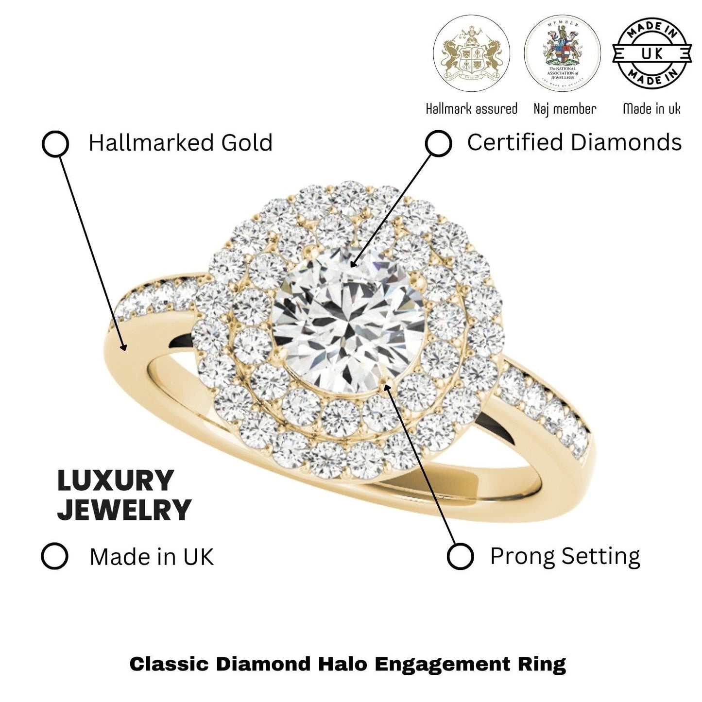 2.00 Ct DE/VS Lab Grown Round Diamond Halo Engagement Ring 18K Yellow Gold