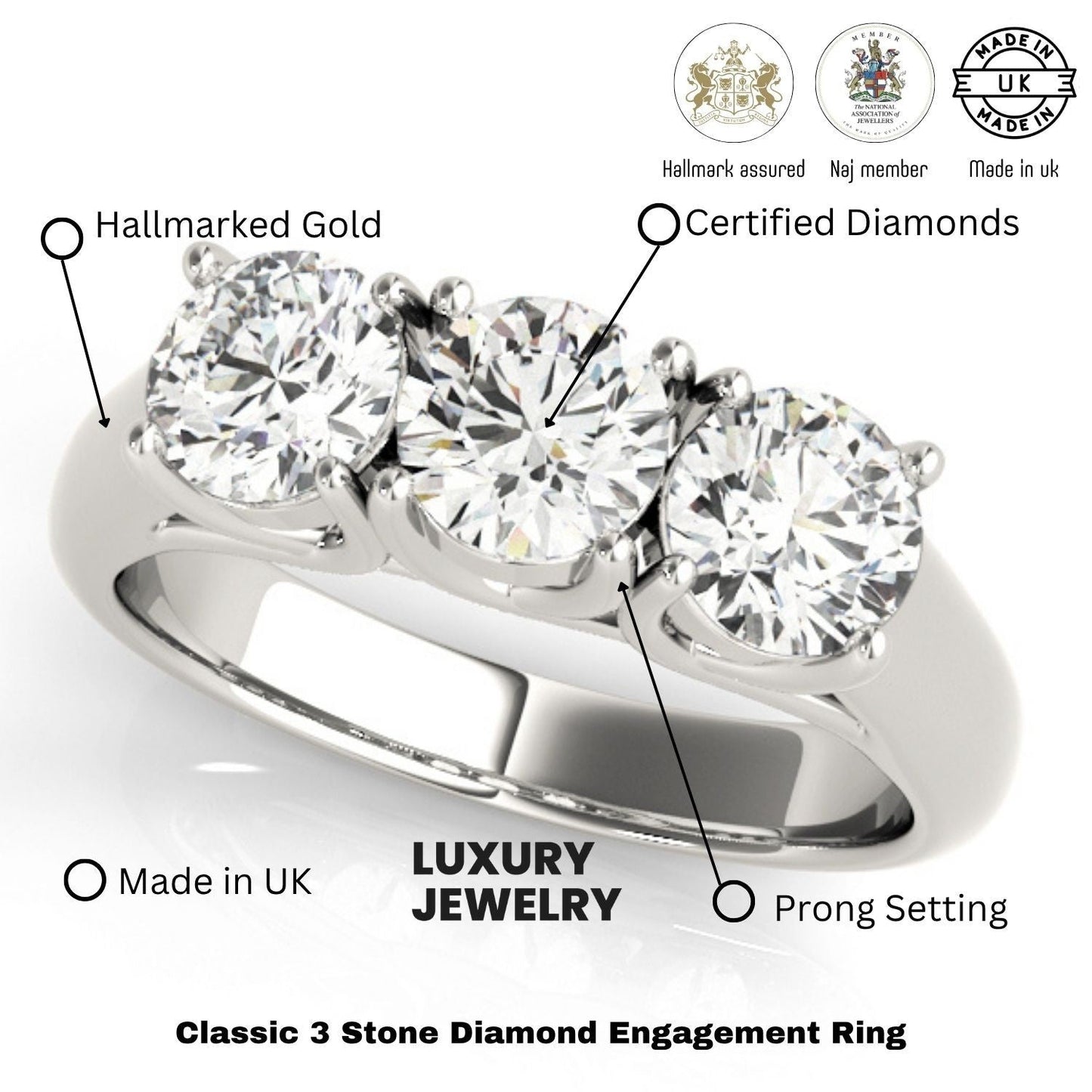 2.00Ct Claw Set Lab Grown Round Diamond 3 Stone Engagement Ring Platinum