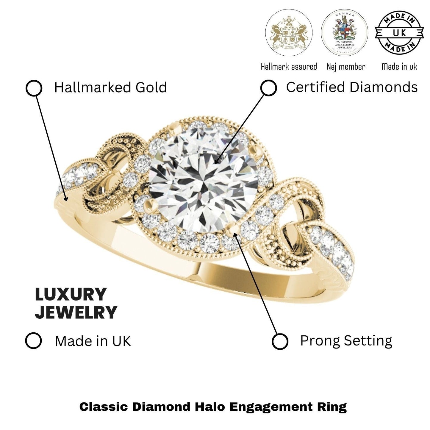 2.00Ct DE/VS Lab Grown Round Diamond Halo Engagement Ring 18K Yellow Gold