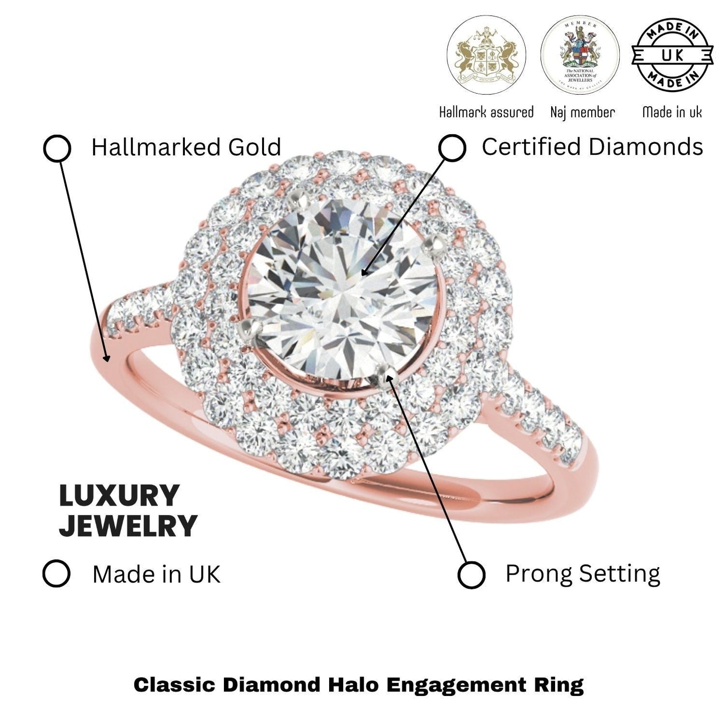 Lab Grown Round Diamond Halo Engagement Ring 18K Rose Gold