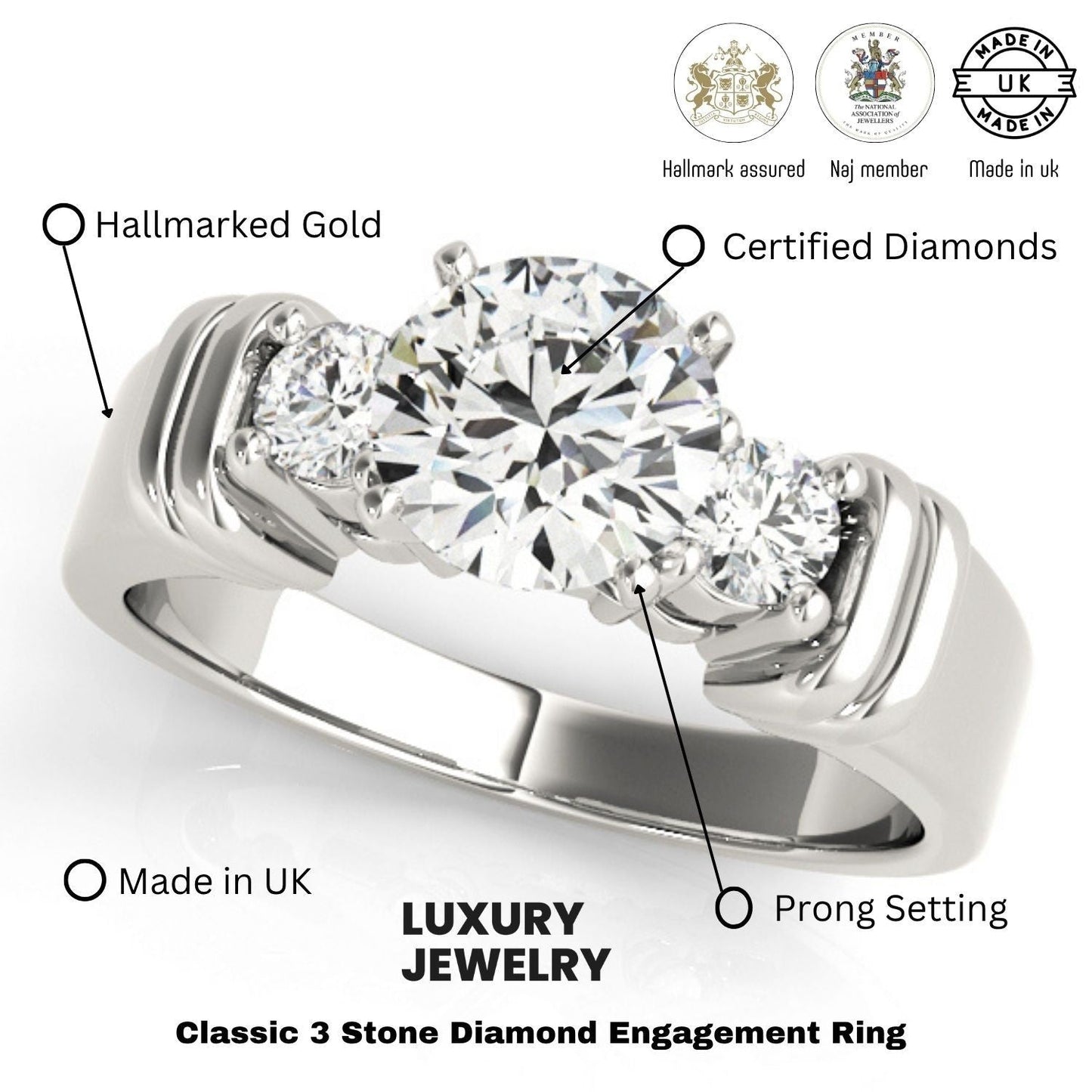 2.00Ct Lab Grown Round Diamond 3 Stone Engagement Ring